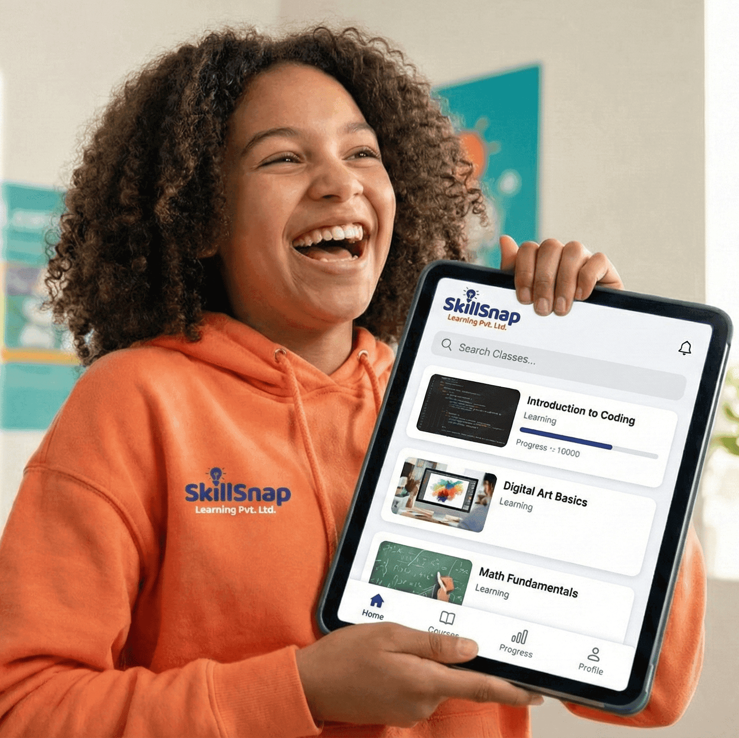 Happy student holding tablet showing coding project